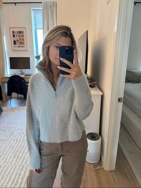 Camila Coelho Light Gray Fuzzy Half-Zip Turtleneck Sweater
